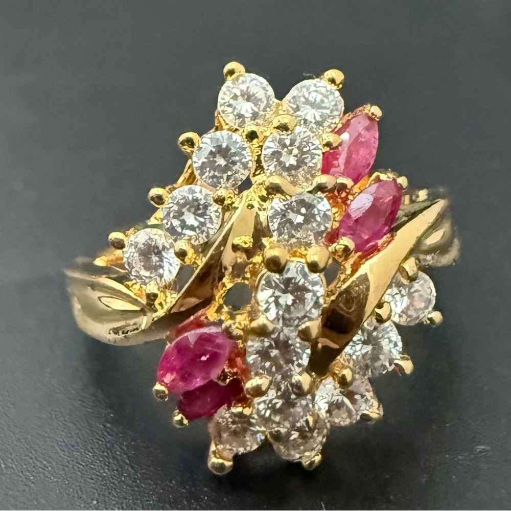Vintage Signed 925 Gold Over Sterling Silver Ruby/Clear CZ Cocktail Ring Size 8